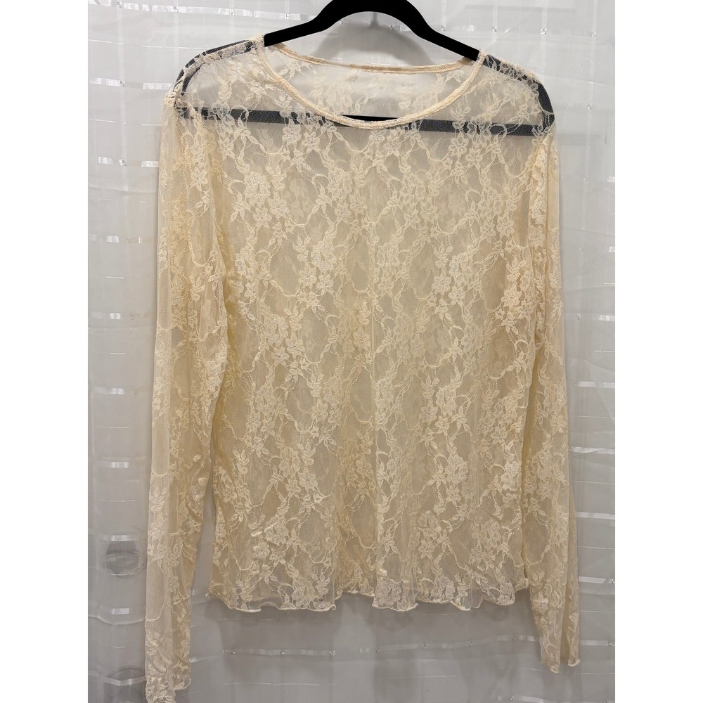 Sheer Floral Lace Long Sleeve Top Cream Ivory Crew Neck Blouse Womens